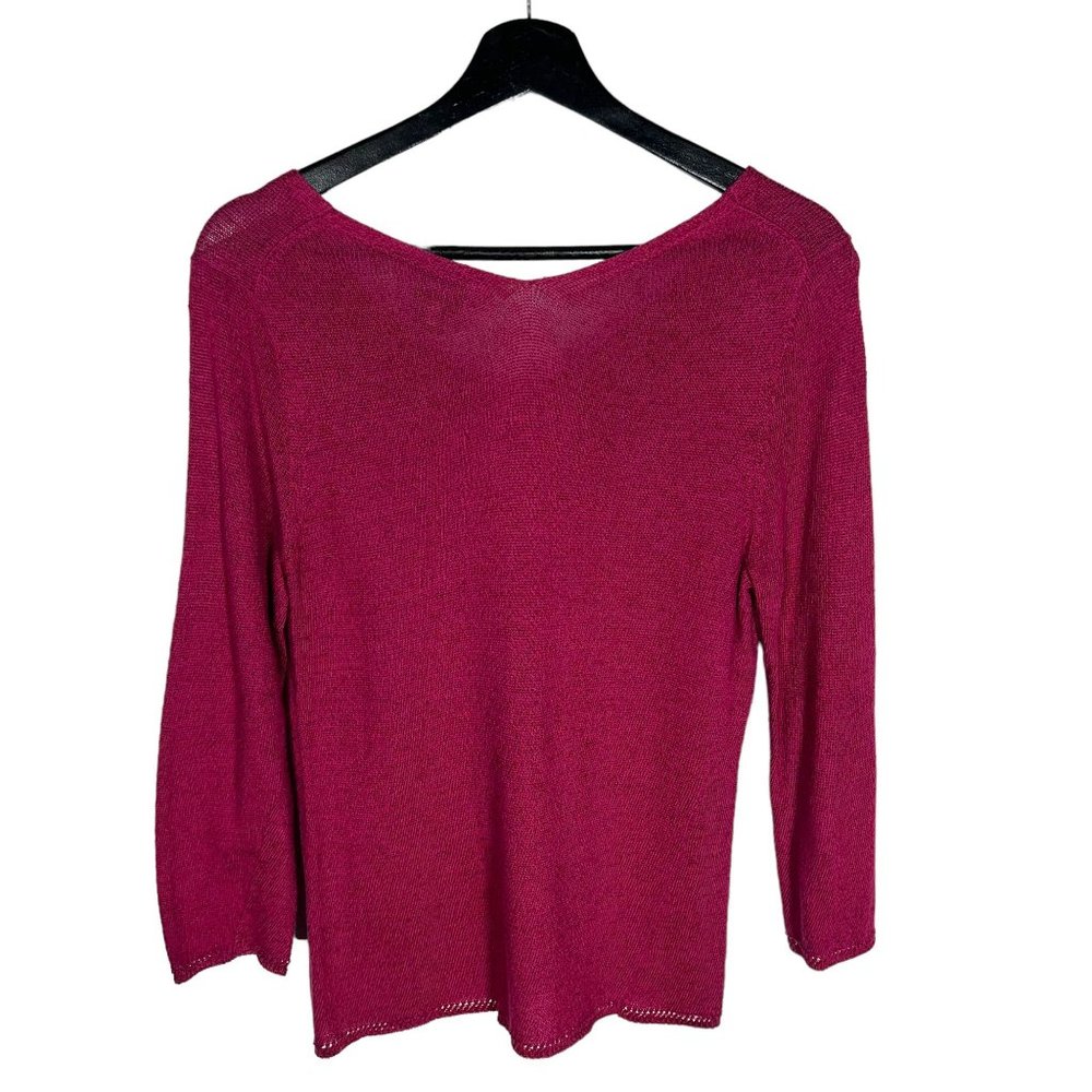 Eileen Fisher Red Purple Long Sleeve Linen Blend V Neck Knit Top Petite Large - Picture 2 of 7